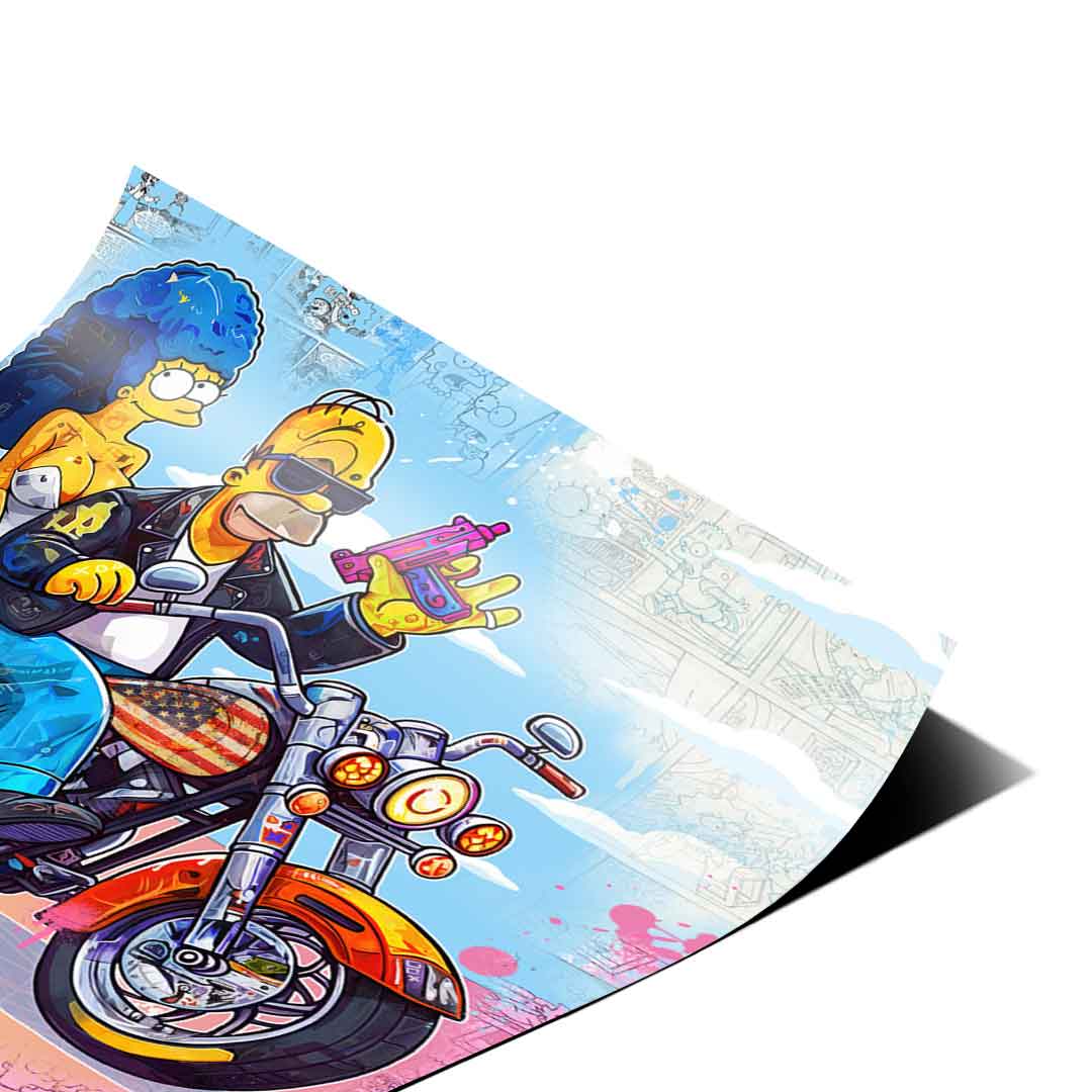 Bright yellows, blues, and oranges create a playful, humorous mood.
