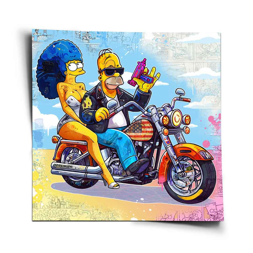Homer Simpson and Marge as Easy Rider bikers on an orange motorcycle in bold pop art style.