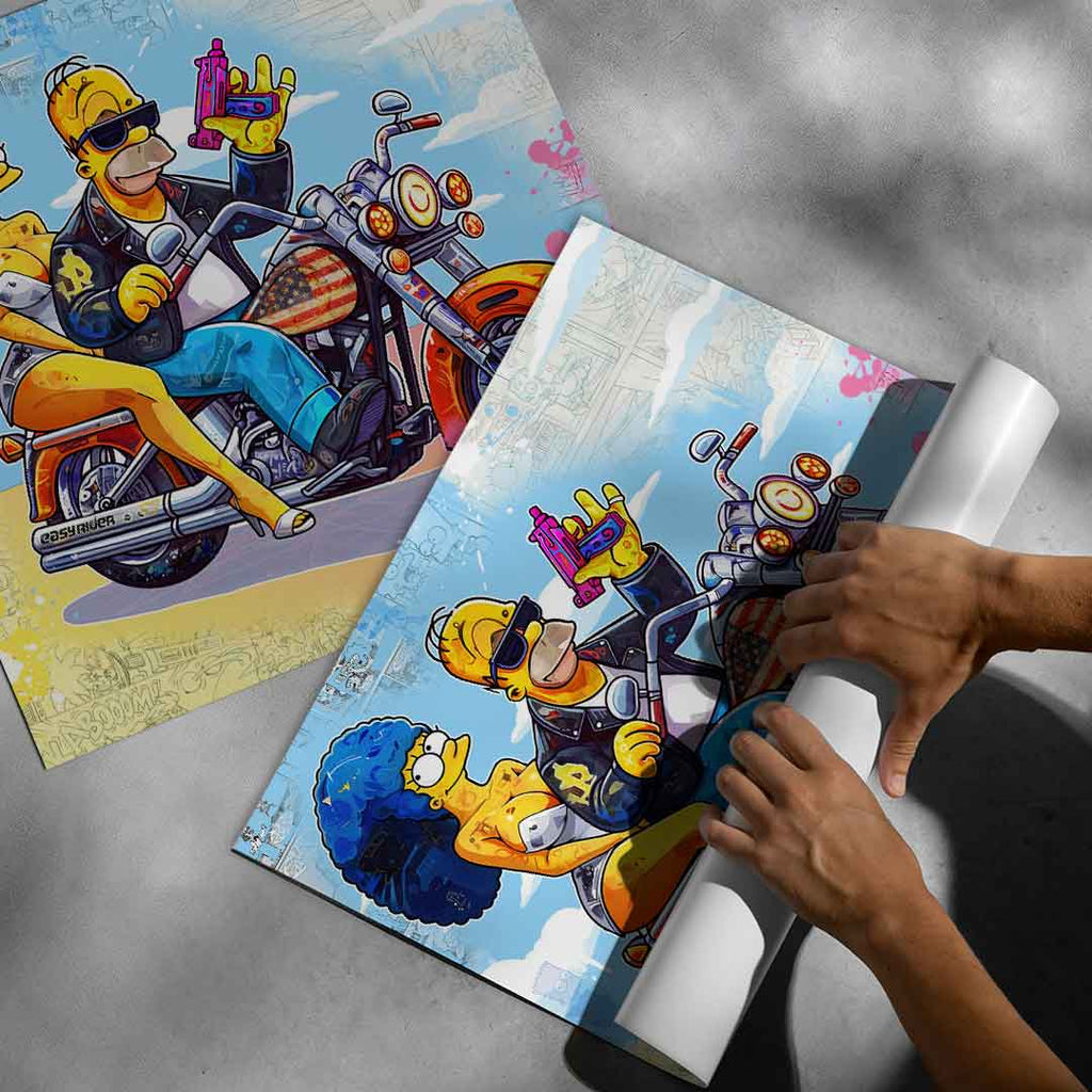 Pop art-inspired wall art featuring cartoon characters in rebellious biker theme.