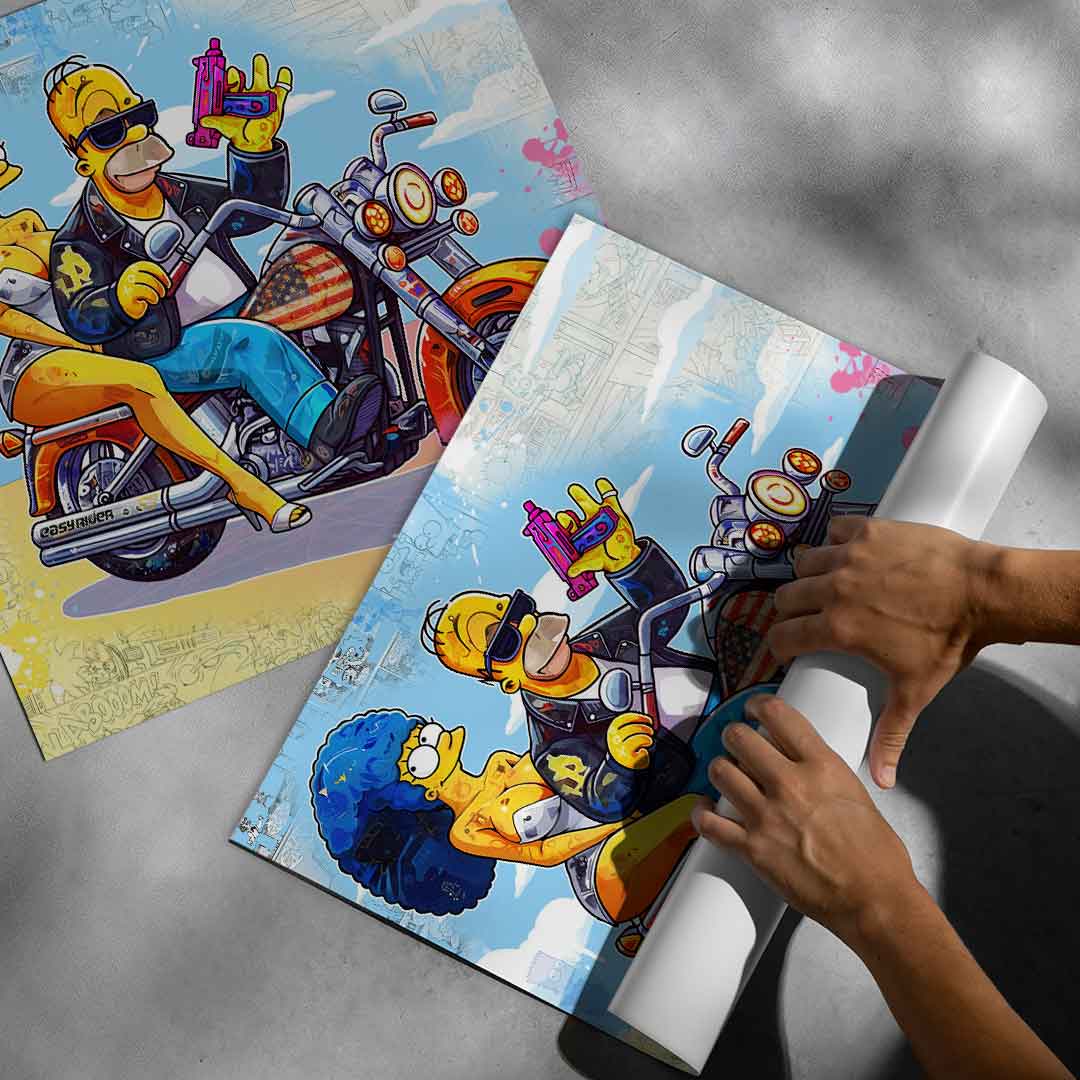 Pop art-inspired wall art featuring cartoon characters in rebellious biker theme.
