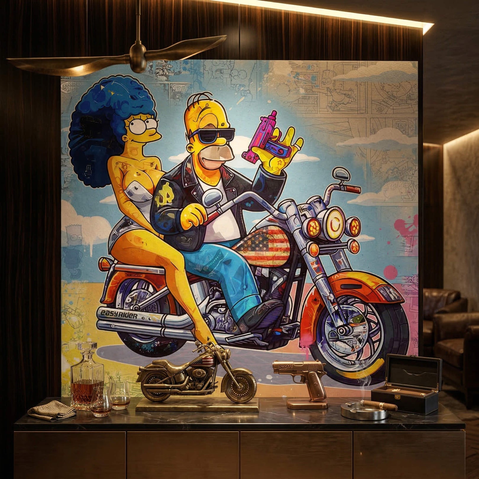 Background blends comic-book panels with graffiti splatters for a street-art vibe.
