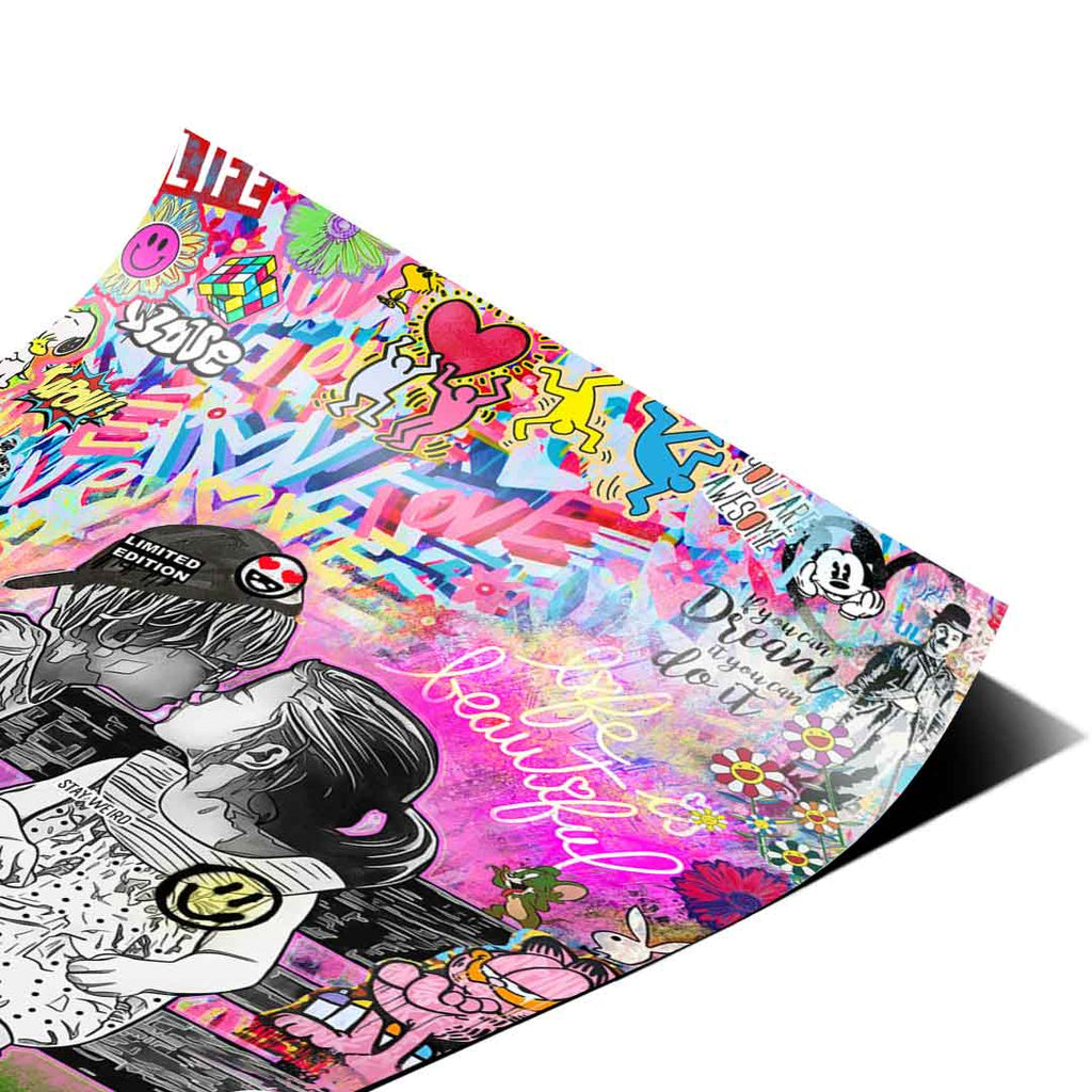 Background features bold typography such as 'LOVE' and 'Life is Beautiful' with cartoon characters across a graffiti collage.