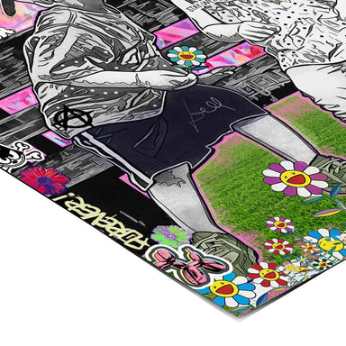 Urban art elements with Keith Haring-inspired figures integrated into the scene.