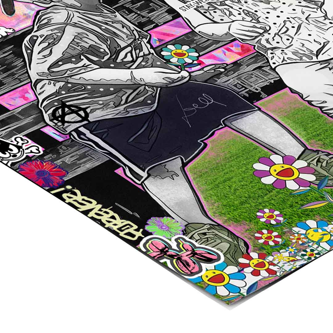 Urban art elements with Keith Haring-inspired figures integrated into the scene.