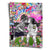 Monochrome children kissing on a bench against a colorful Pop Art graffiti backdrop with bold lettering and flowers.