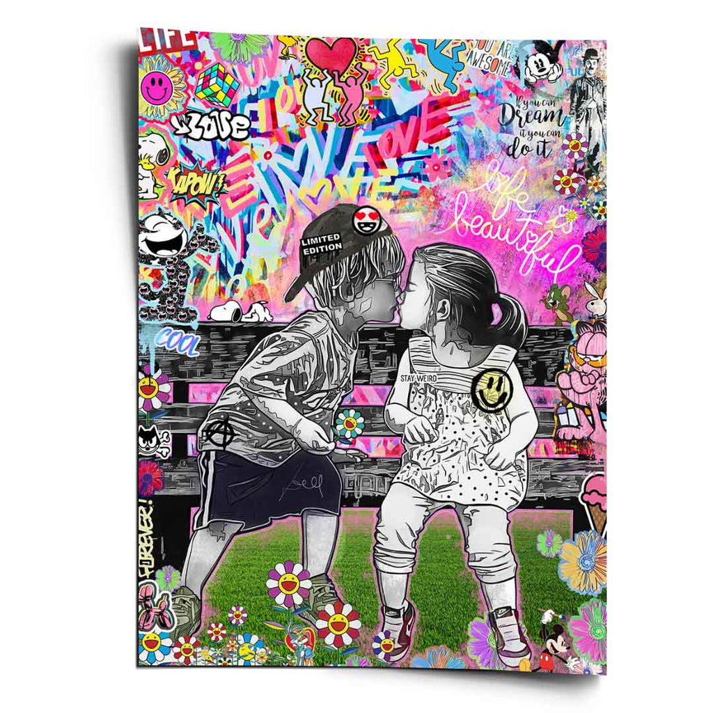 Monochrome children kissing on a bench against a colorful Pop Art graffiti backdrop with bold lettering and flowers.