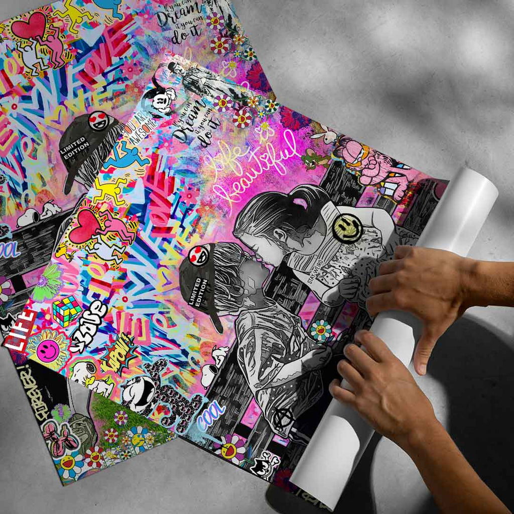 Overall composition showing a playful, optimistic street-art vibe suitable for a kids' room or modern space.
