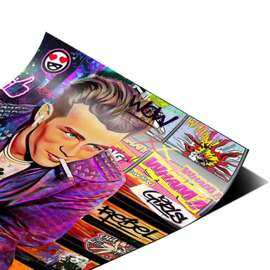 Graphic-novel influenced pop art poster with high-contrast colors and text-like effects