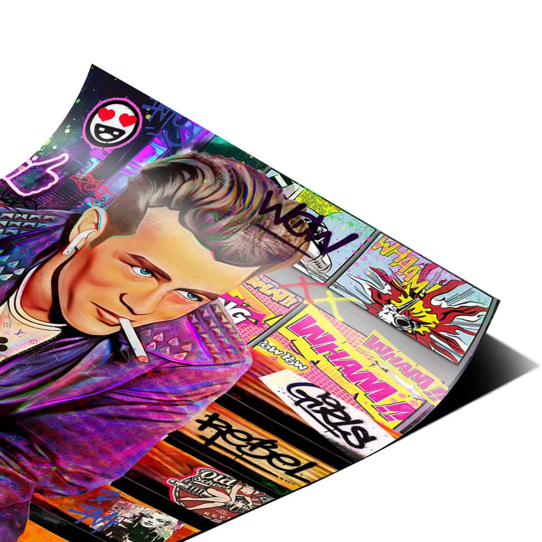 Graphic-novel influenced pop art poster with high-contrast colors and text-like effects