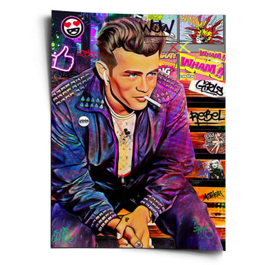 James Bench poster featuring a James Dean-inspired figure in bold pop art style with neon purples and blues on a dark background