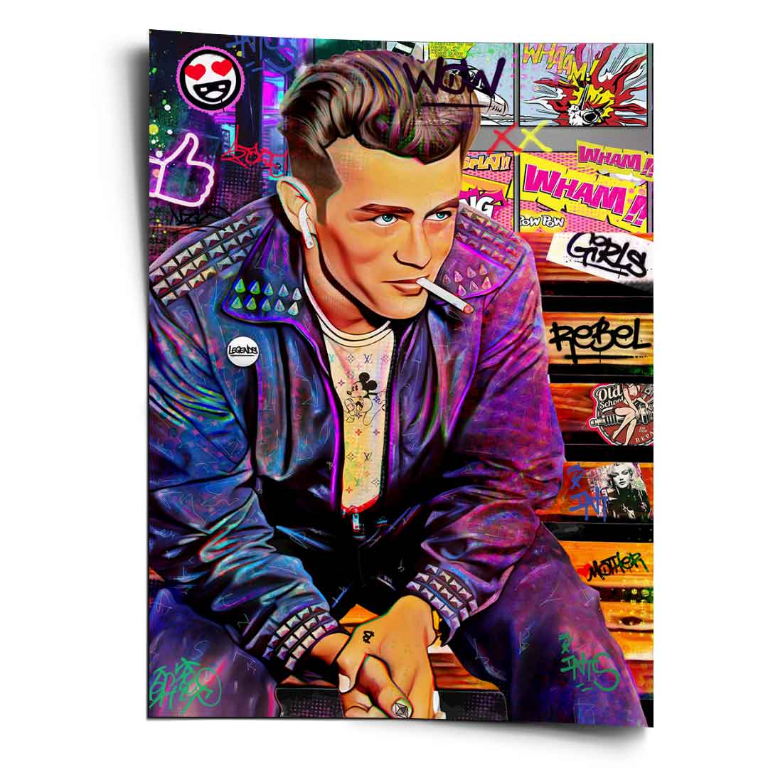 James Bench poster featuring a James Dean-inspired figure in bold pop art style with neon purples and blues on a dark background