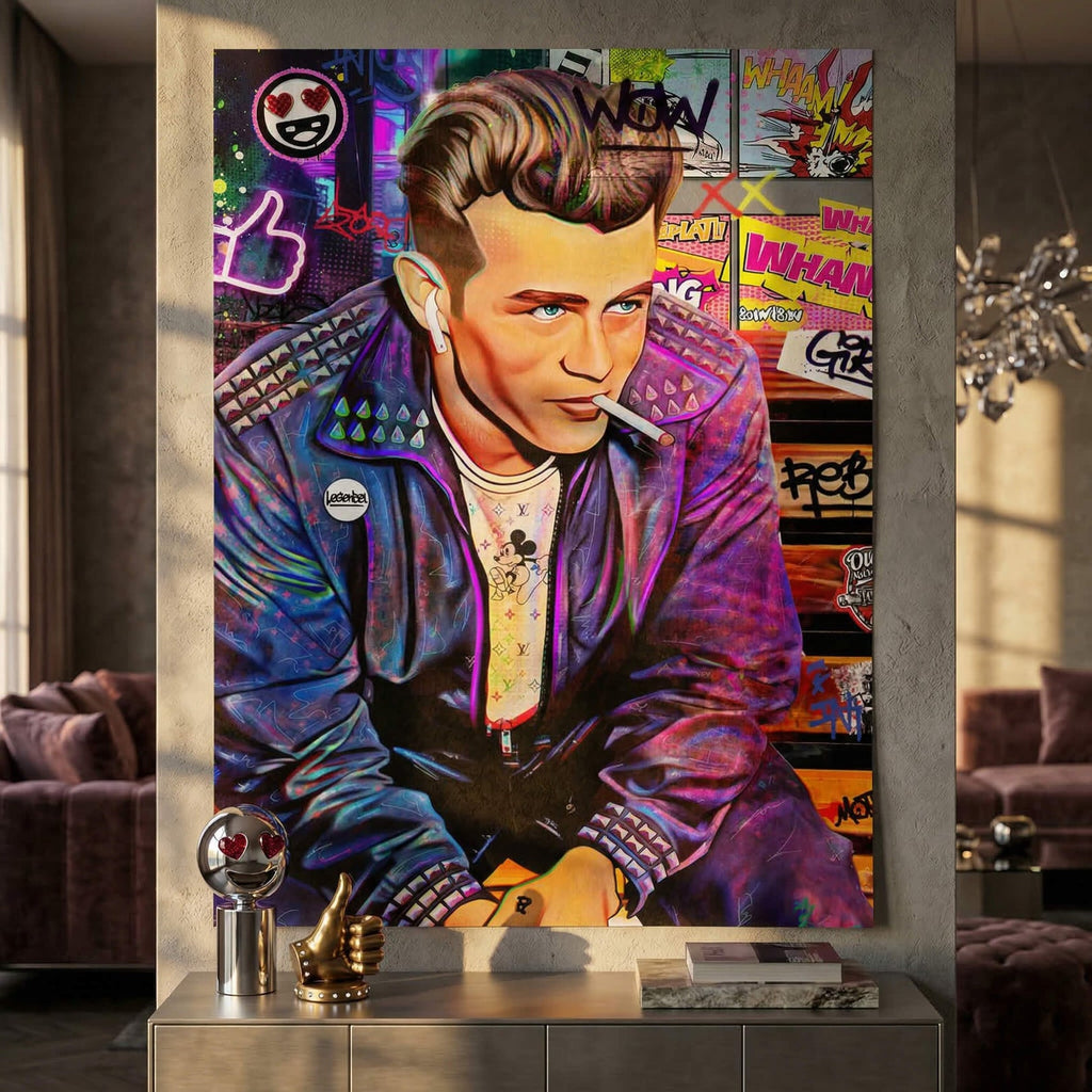 Rebel portrait wearing a studded leather jacket and earbud, surrounded by neon graffiti