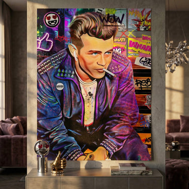 Rebel portrait wearing a studded leather jacket and earbud, surrounded by neon graffiti