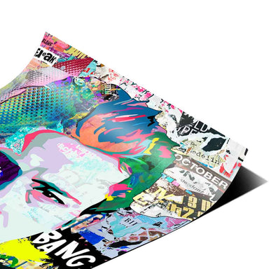 Graphic elements like BANG and FREAK accent the urban collage art piece