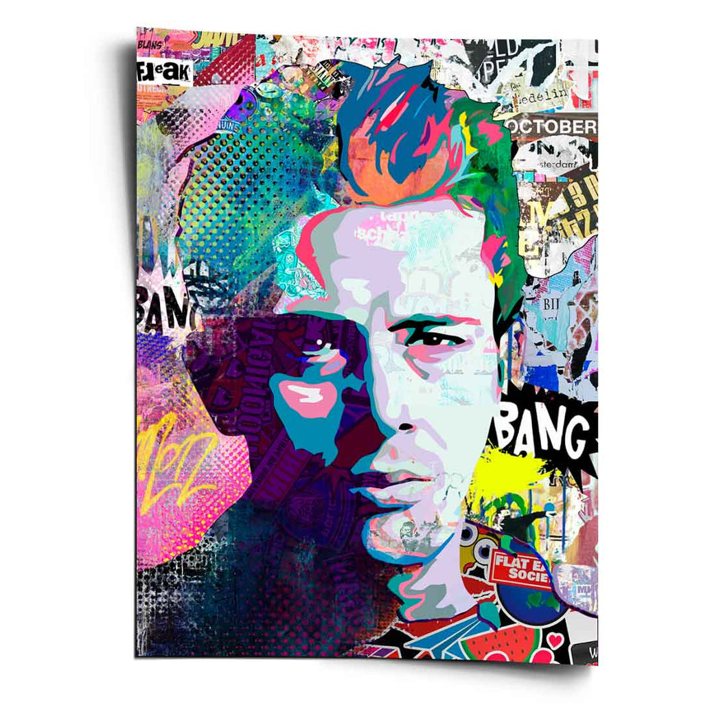 Vibrant Pop Art collage featuring a bold portrait of a man in a vivid multi-color palette