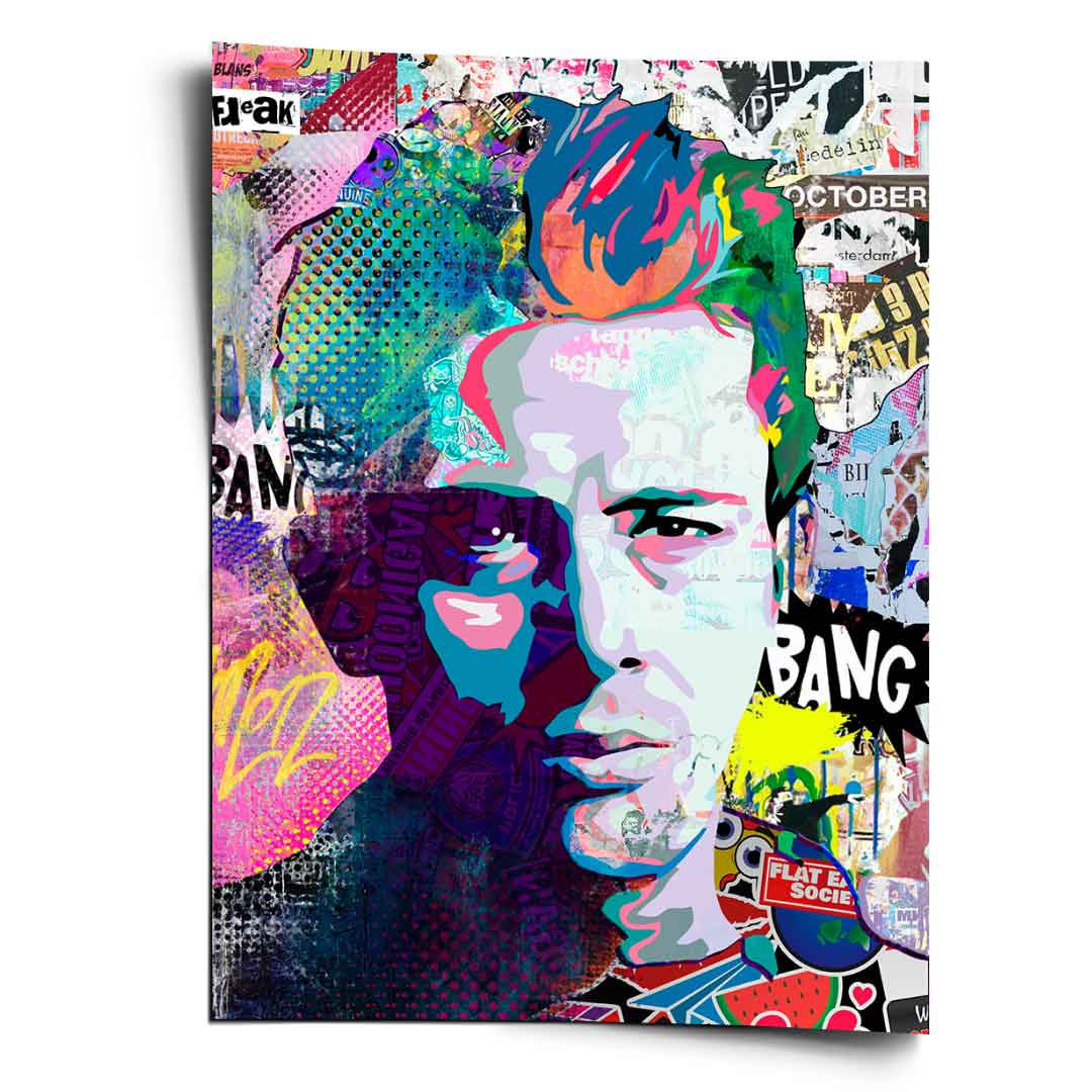 Vibrant Pop Art collage featuring a bold portrait of a man in a vivid multi-color palette