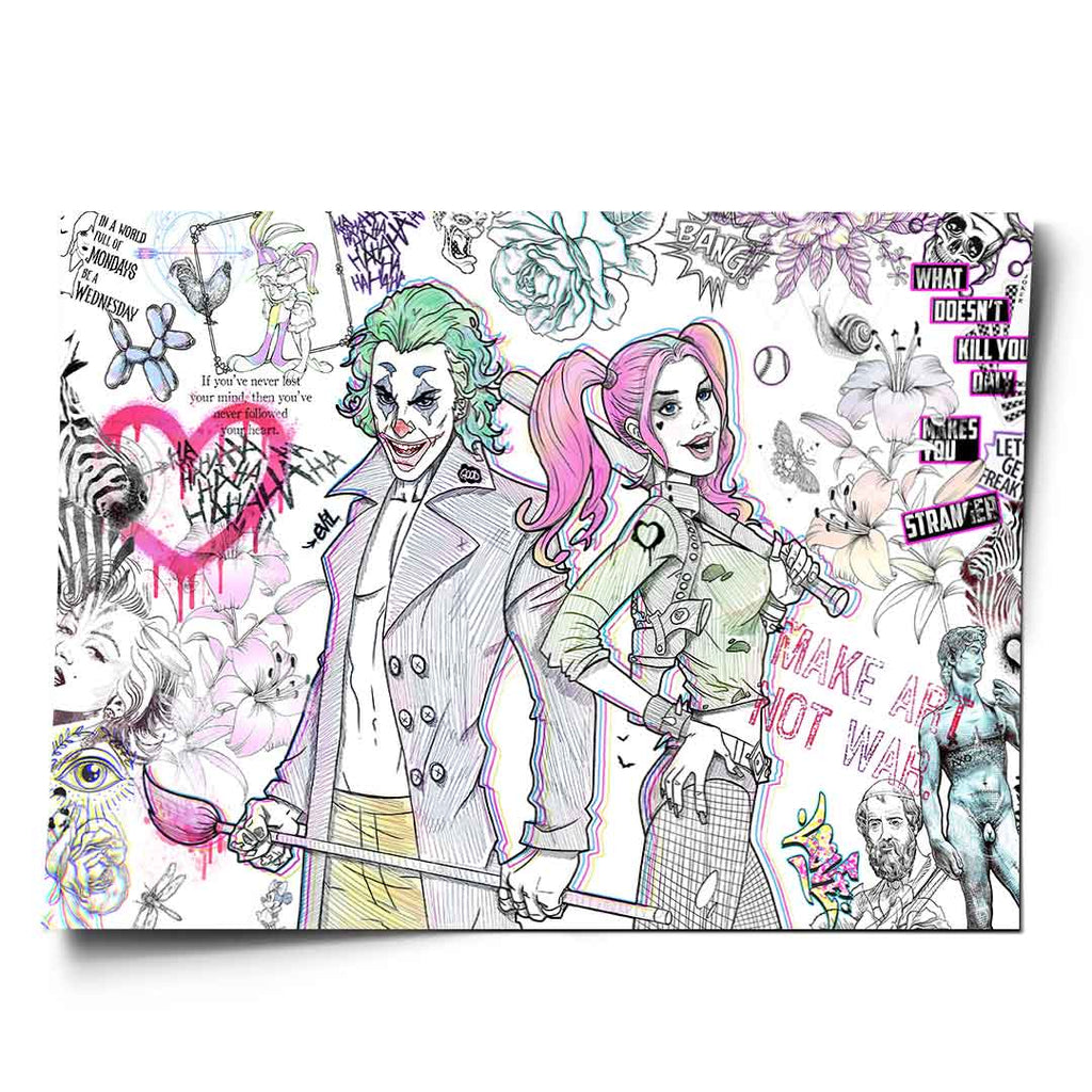 Vibrant pop art poster featuring The Joker and Harley Quinn in bold black-and-white line art with pink and green highlights.