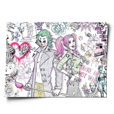 Vibrant pop art poster featuring The Joker and Harley Quinn in bold black-and-white line art with pink and green highlights.