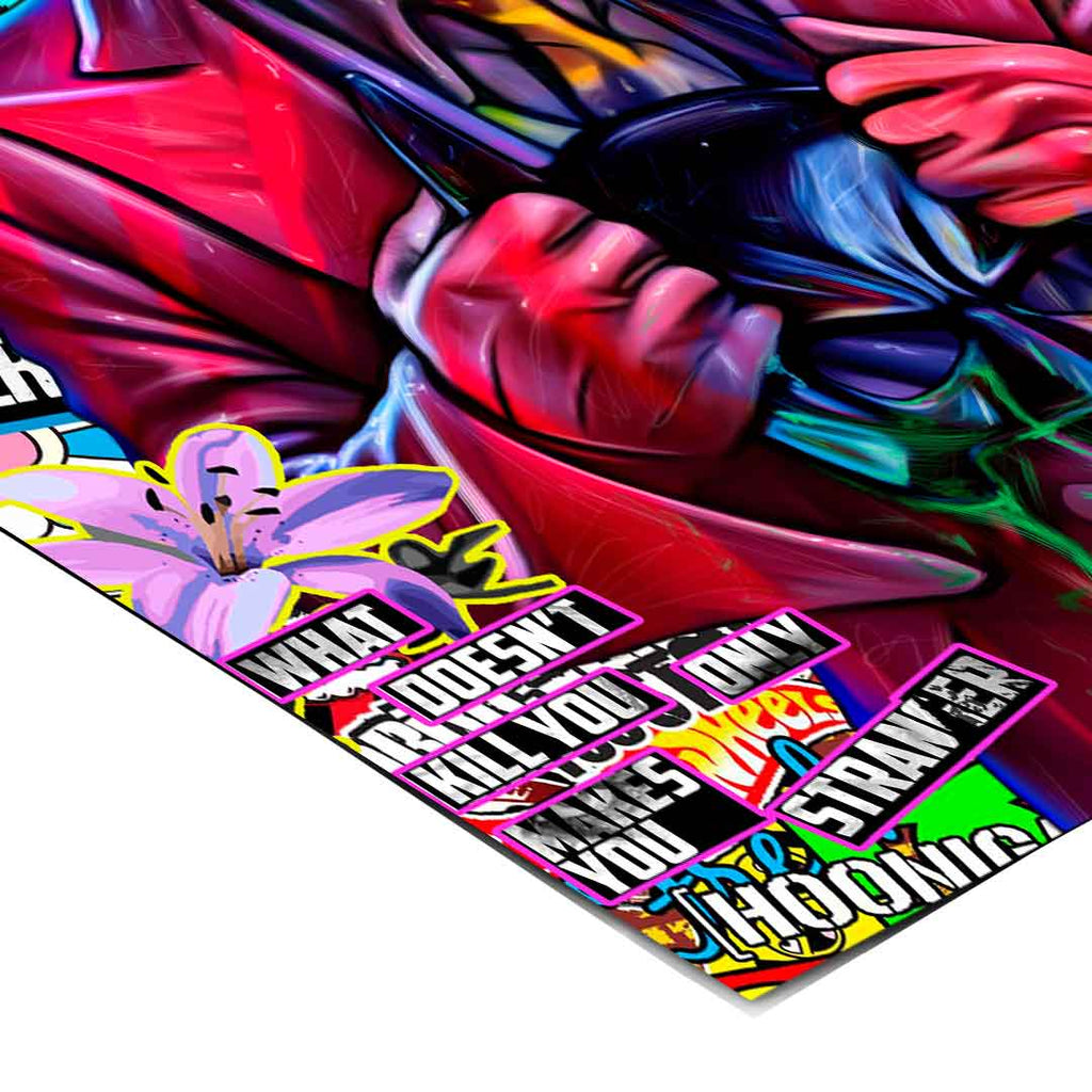 Electric neon Joker wall art with purple sky and bold typography, designed for modern game rooms.