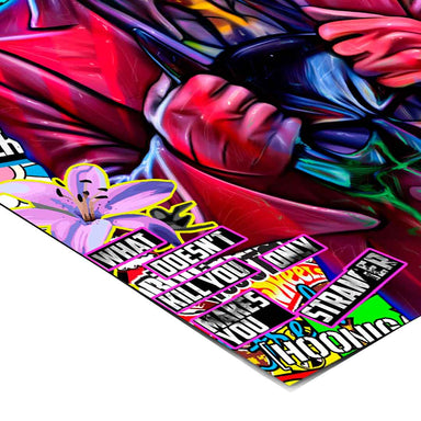 Electric neon Joker wall art with purple sky and bold typography, designed for modern game rooms.