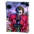 Vibrant Joker poster in neon Pop Art style with electric blue and green highlights, holding a melting Batman cowl against a purple sky with palm trees.