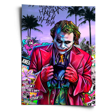 Vibrant Joker poster in neon Pop Art style with electric blue and green highlights, holding a melting Batman cowl against a purple sky with palm trees.