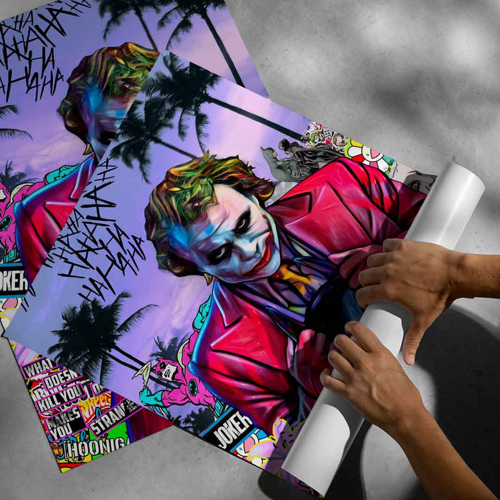 Vibrant street-art style Joker poster suitable for movie and comic wall decor.