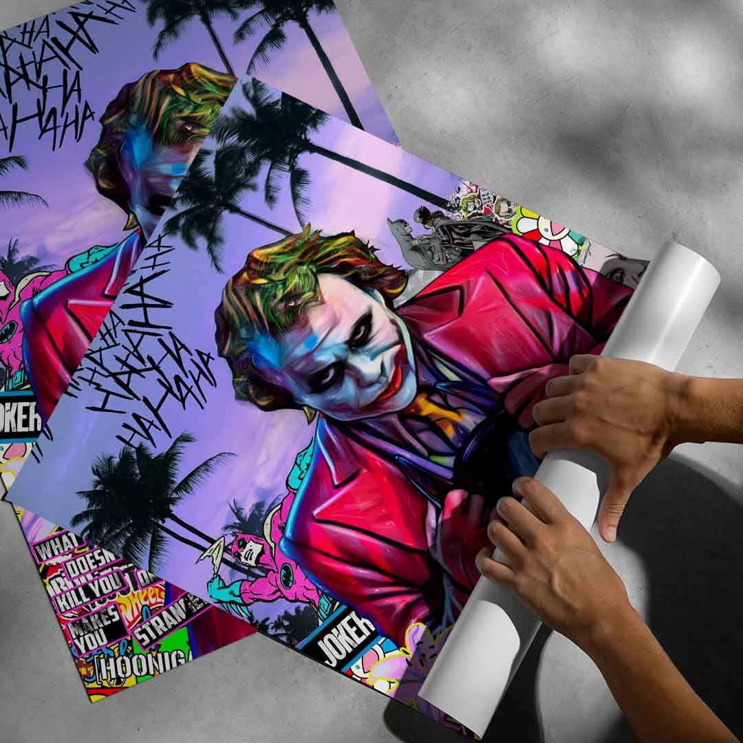 Vibrant street-art style Joker poster suitable for movie and comic wall decor.