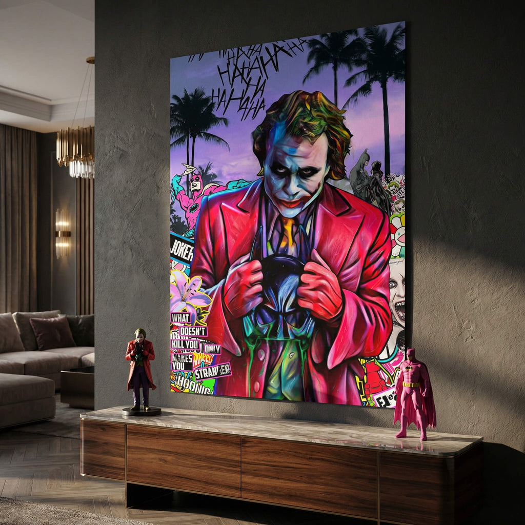Graffiti-inspired Joker artwork featuring bold comic motifs and HA HA HA text on a vibrant wall art piece.