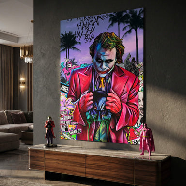 Graffiti-inspired Joker artwork featuring bold comic motifs and HA HA HA text on a vibrant wall art piece.