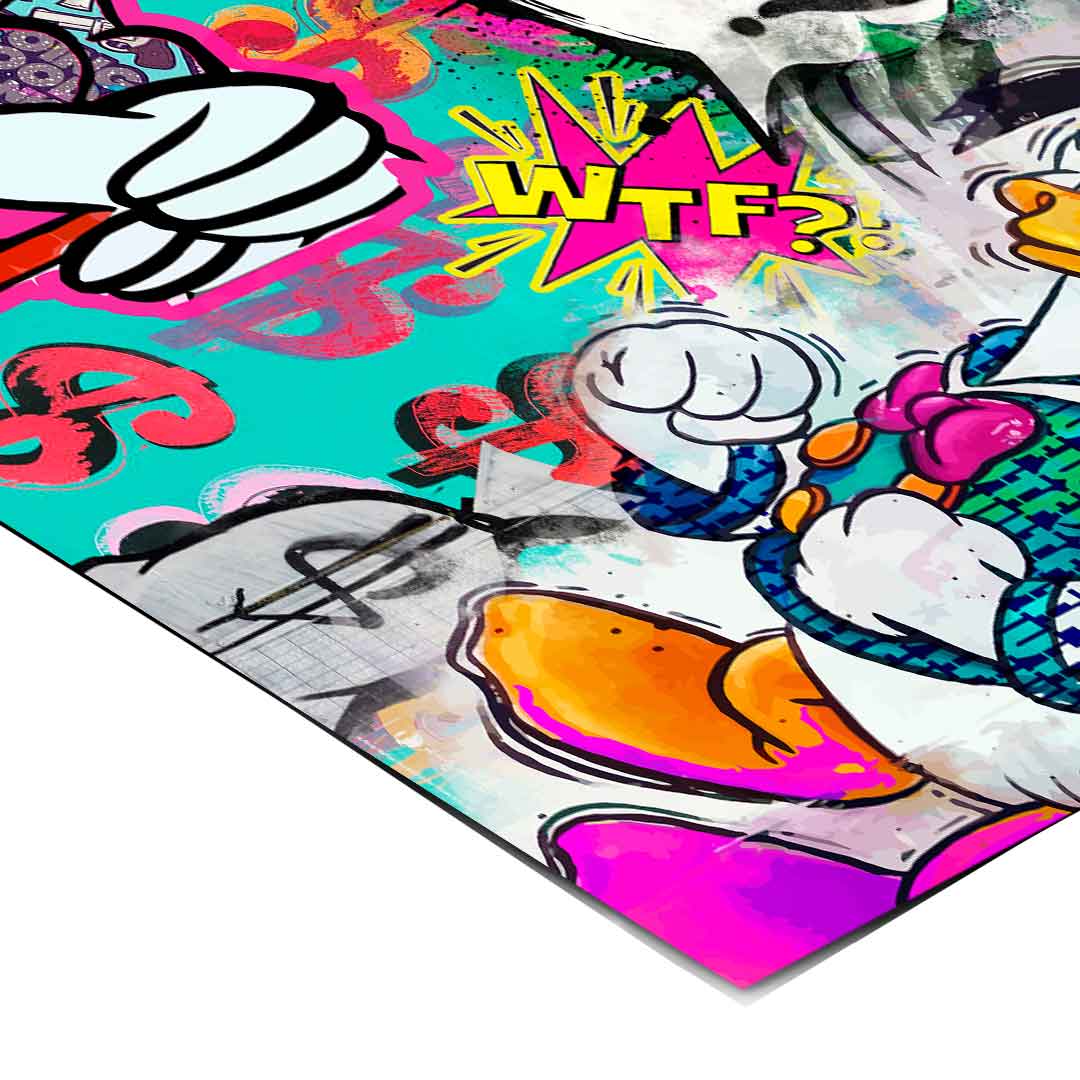 Satirical take on wealth and NFTs with bold street-art aesthetics and graffiti tags.