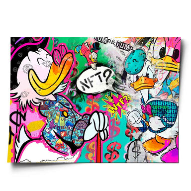 Jump & Dump poster in neon Pop Art style with Scrooge McDuck and Donald Duck, crypto symbols, and dollar signs.
