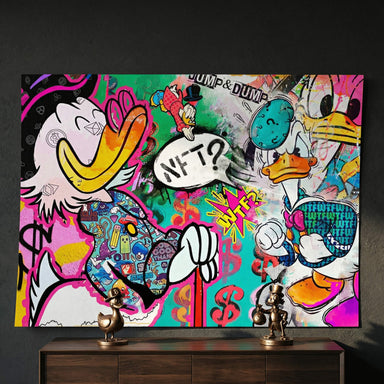 Bright neon pink, electric green, teal, and yellow graffiti poster featuring cartoon ducks.