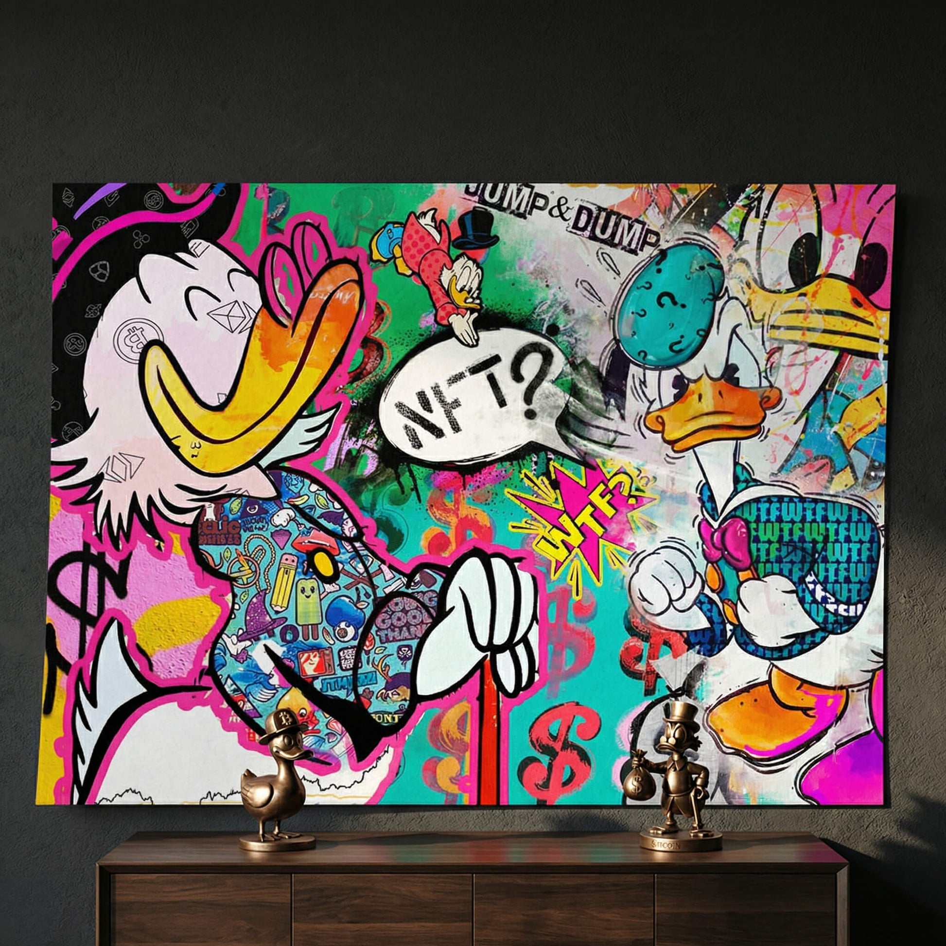 Bright neon pink, electric green, teal, and yellow graffiti poster featuring cartoon ducks.