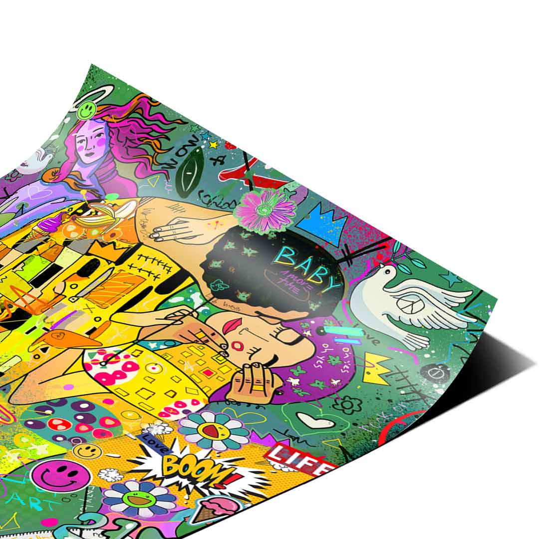 Neon-colored graffiti icons including smiley faces and rainbows surrounding the couple in a street-art inspired composition.