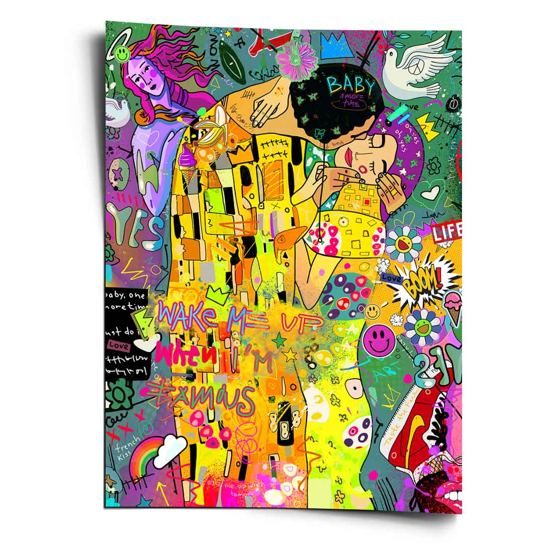 Klimt Green Pop Graffiti poster with a central embracing couple in bold yellow and black, set against a vibrant urban graffiti backdrop.