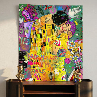 Neo-expressionist style with bright yellows, greens, purples and reds creating a dynamic cityscape on a portrait-format poster.