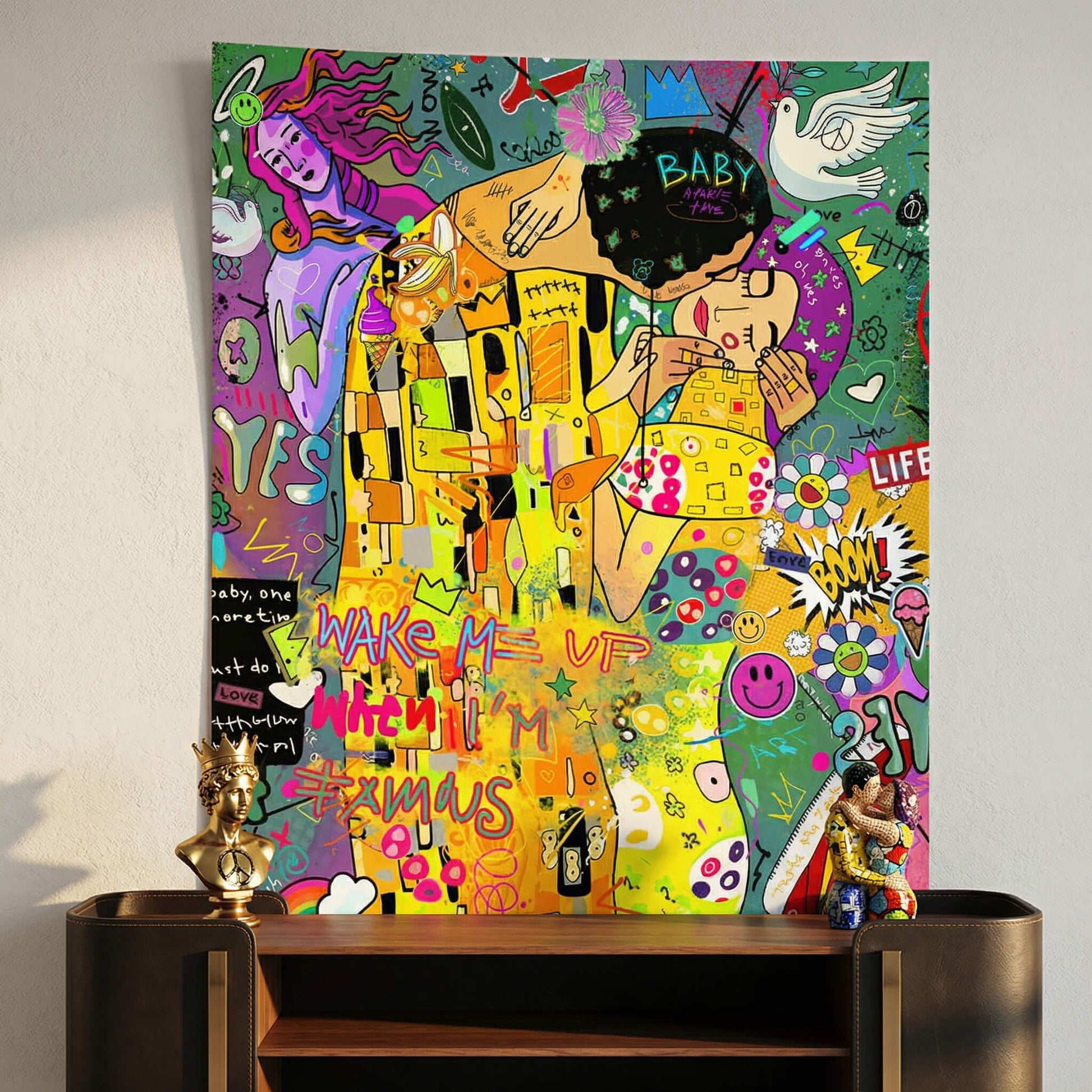 Neo-expressionist style with bright yellows, greens, purples and reds creating a dynamic cityscape on a portrait-format poster.