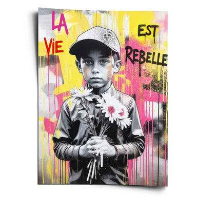 Black-and-white portrait of a young boy with tear-like streaks holding a bouquet of daisies