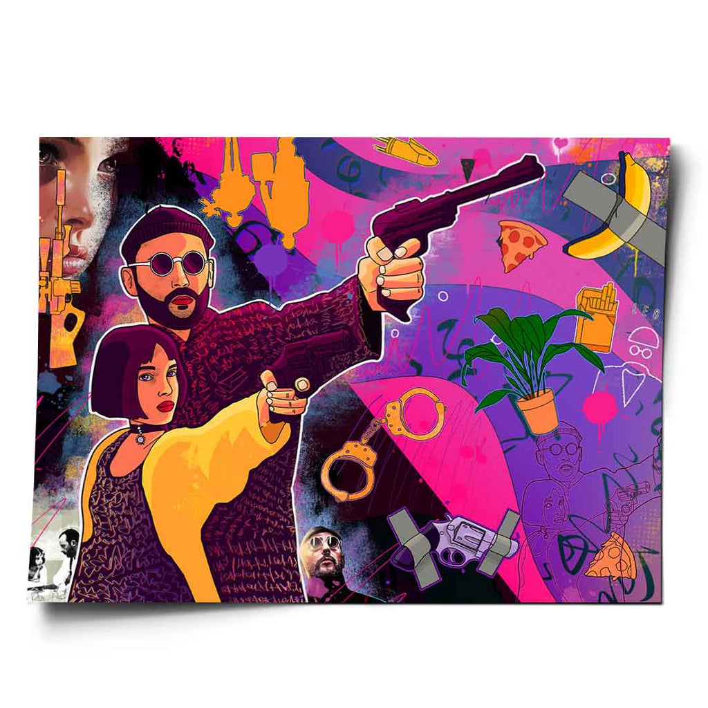 Landscape pop art poster of Leon and Mathilda from Léon with bold outlines in magenta, purple, electric blue, and orange