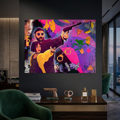 Graphic wall art featuring film-inspired motifs like handcuffs, a potted plant, and a banana in bright pop art colors