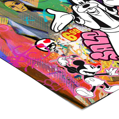 Goofy and Mickey appear in a Picasso-inspired homage within a contemporary pop graffiti scene