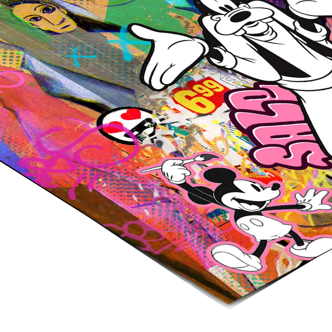 Goofy and Mickey appear in a Picasso-inspired homage within a contemporary pop graffiti scene