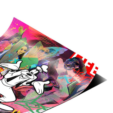 Black-and-white cartoon characters over a colorful neon graffiti backdrop in a dynamic art piece