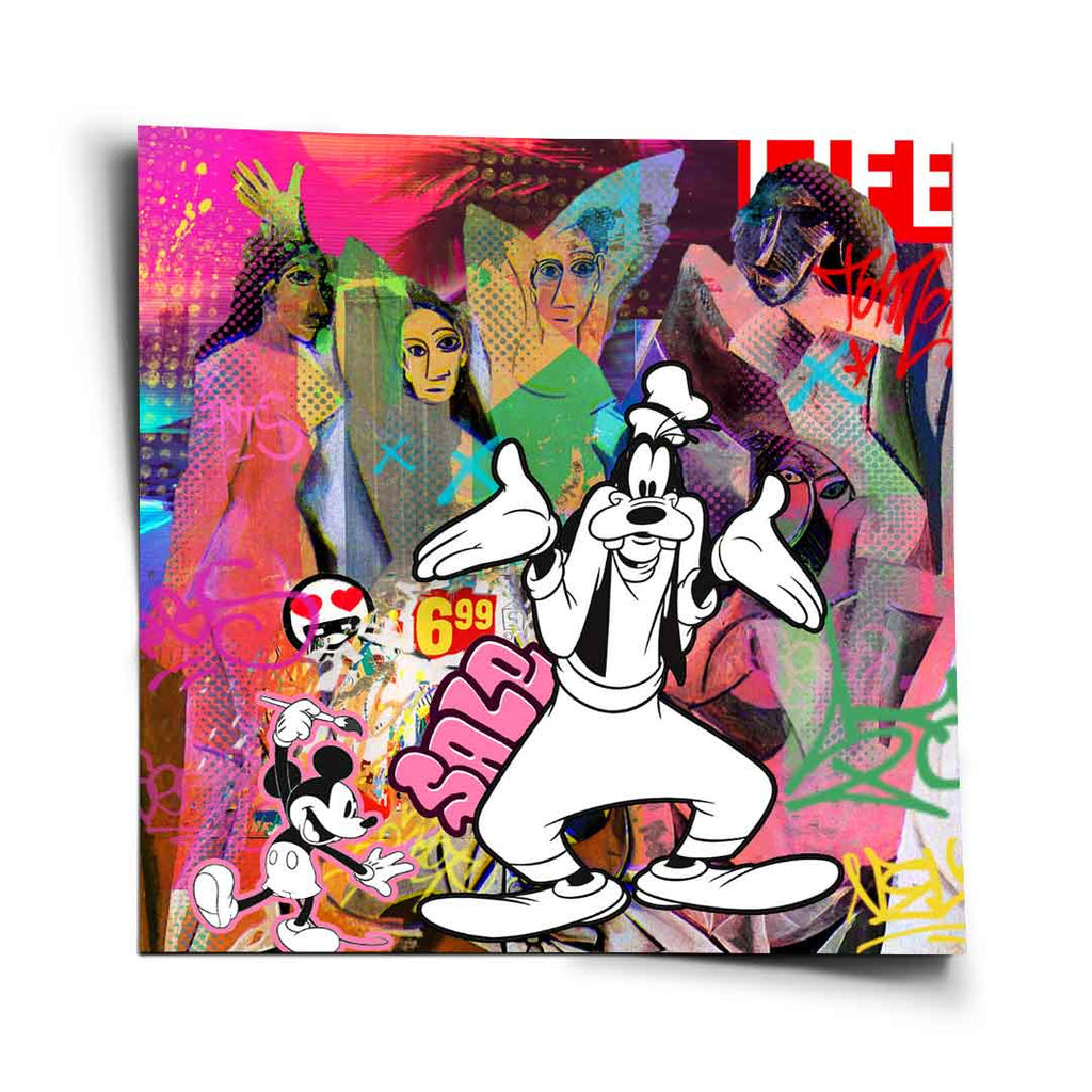 Vibrant pop art poster featuring Goofy and Mickey Mouse against a bold pink, blue, and green abstract background inspired by Picasso