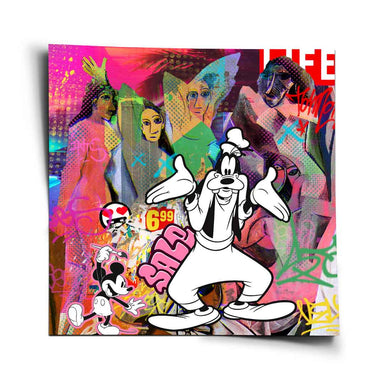 Vibrant pop art poster featuring Goofy and Mickey Mouse against a bold pink, blue, and green abstract background inspired by Picasso