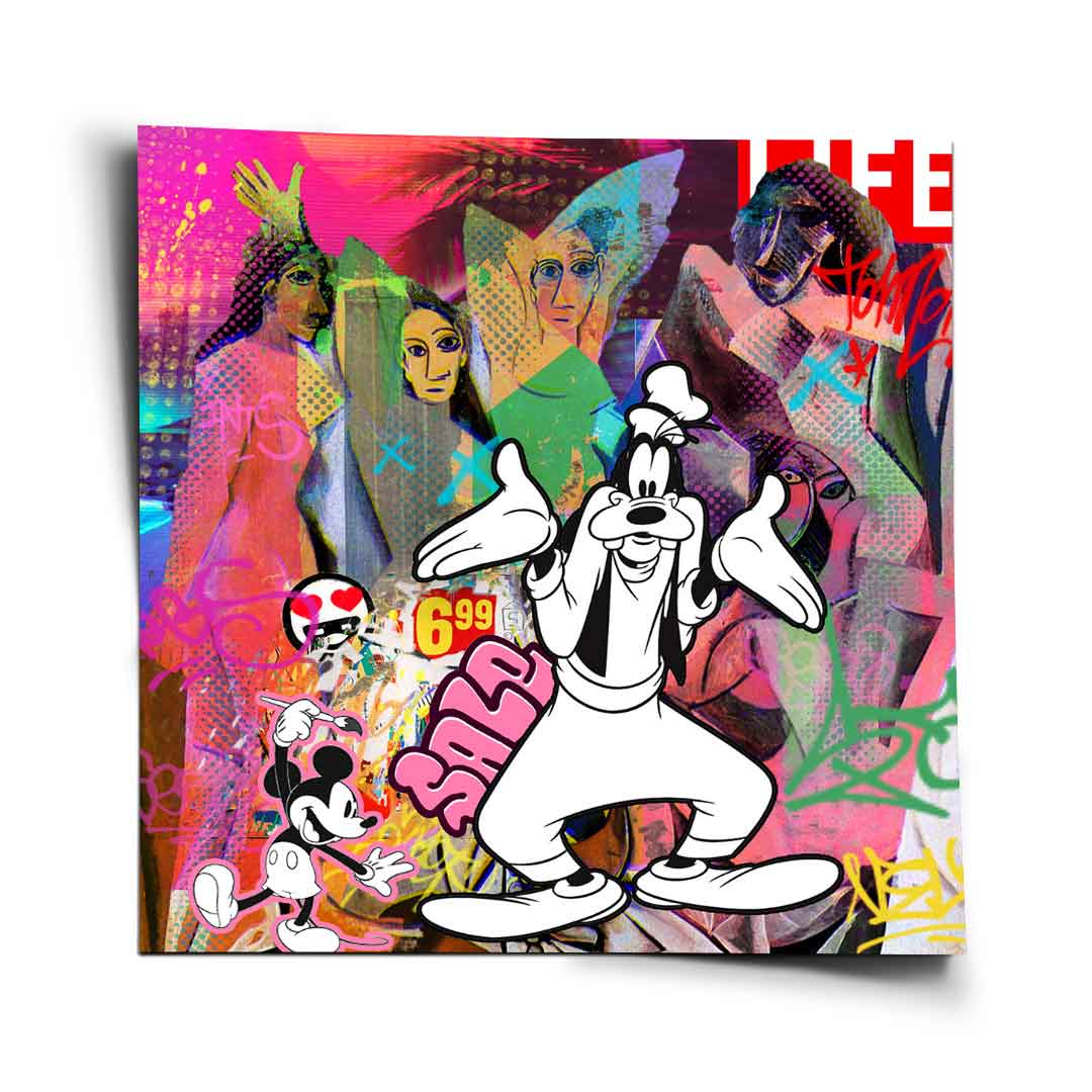 Vibrant pop art poster featuring Goofy and Mickey Mouse against a bold pink, blue, and green abstract background inspired by Picasso