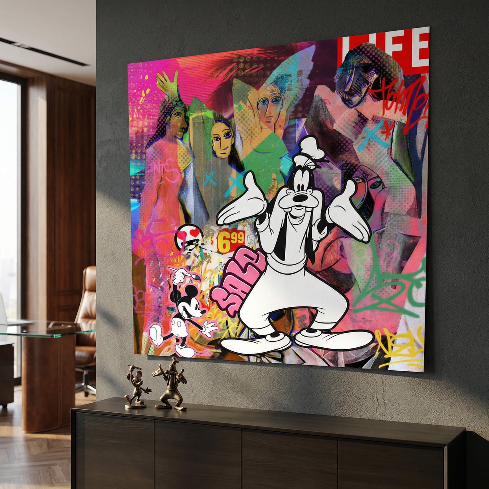 Cubist-style composition with stylized female figures and neon graffiti elements in a modern poster