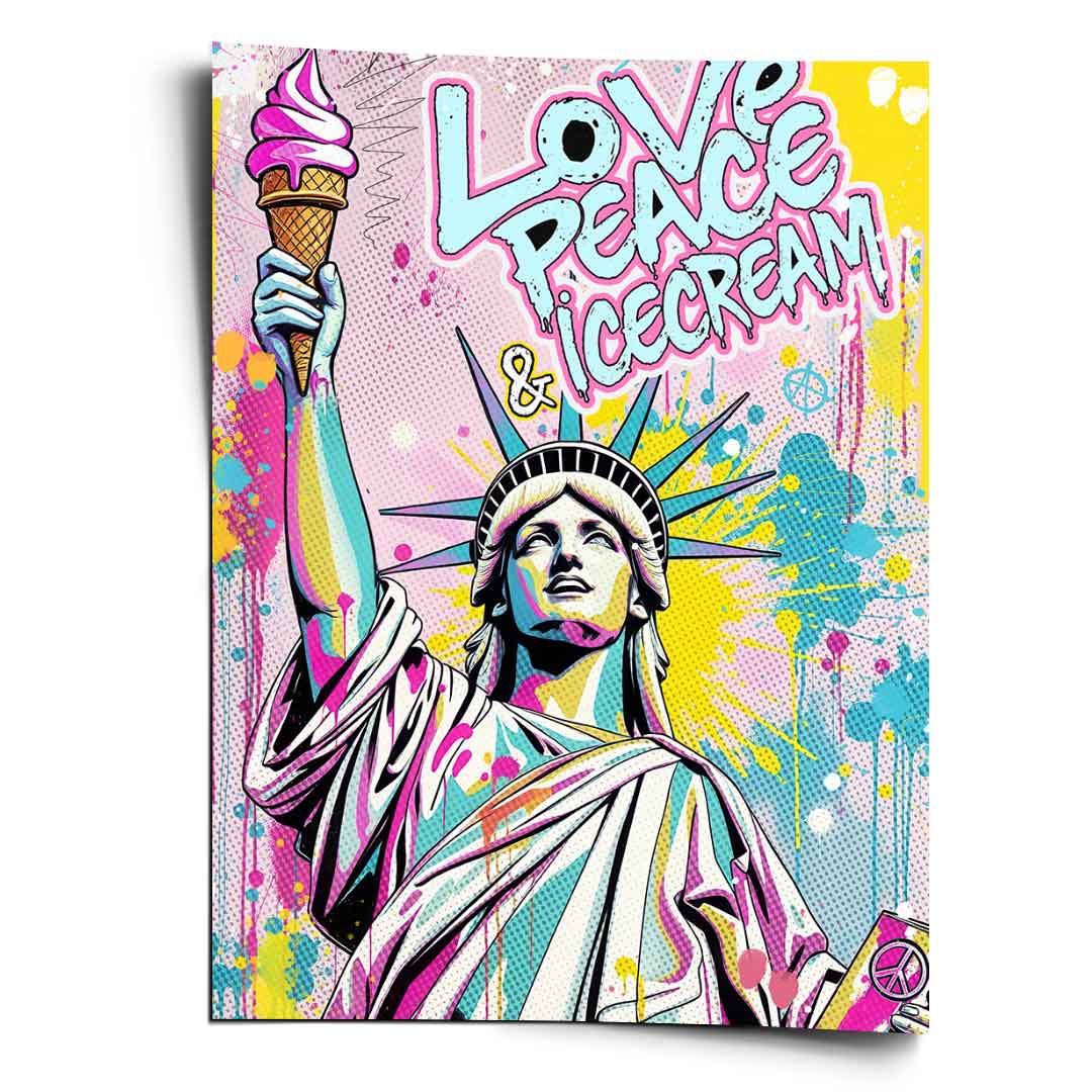 Portrait Liberty Ice poster featuring Statue of Liberty with a pink ice cream cone torch in bold pop art style with halftone textures.