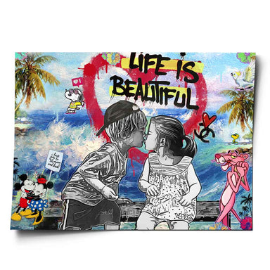 Pop art poster featuring two black-and-white children kissing against a painterly beach landscape with bold LIFE IS BEAUTIFUL graffiti.